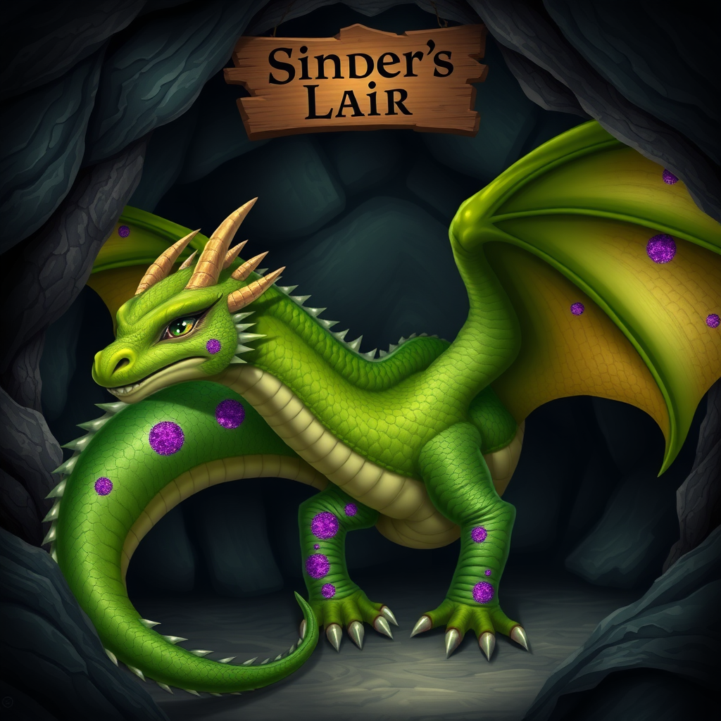 A photo realistic green dragon with purple sparkly spots in a dragon cave with a sign above it that says "Sinder's Lair"