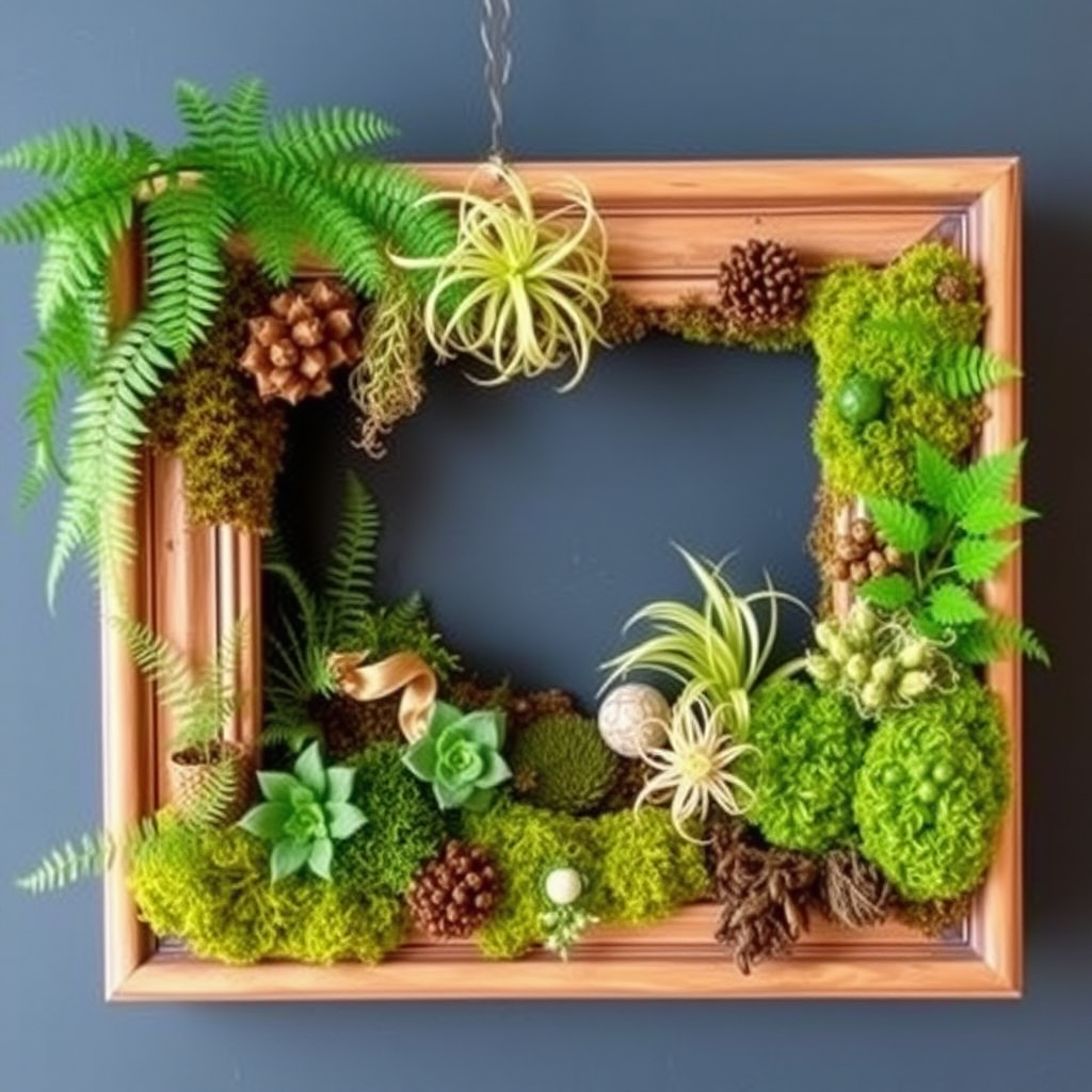 A picture frame filled with ferns, moss, and air plants.