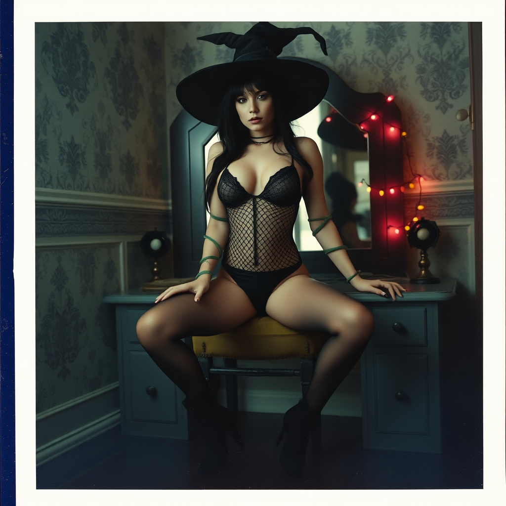 Scan of an nsfw old polaroid photograph with visible wear and heavy vignetting and blue color tint and light leaks, depicting a sexy pale curvy alt goth girl with black hair wearing skimpy fishnet black bodysuit and gstring revealing her nipples and wearing black stockings and high heels, sitting on a builtin vanity with mirror in old house with wallpaper on walls with her knees spread apart. Camera flash used. Dark lighting. Moody and hazy. Grunge look. Erotic. Nude. Pink Christmas Lights on wall. She is wearing a witch hat and is being restrained by large green vines wrapping around her arms and legs and torso.