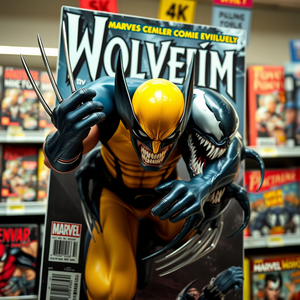 Jumping out of a comic book cover on a store shelf is Wolverine and Venom. Wolverine has his claws placed into Venom in cinematic Real3D photo-realistic quality.