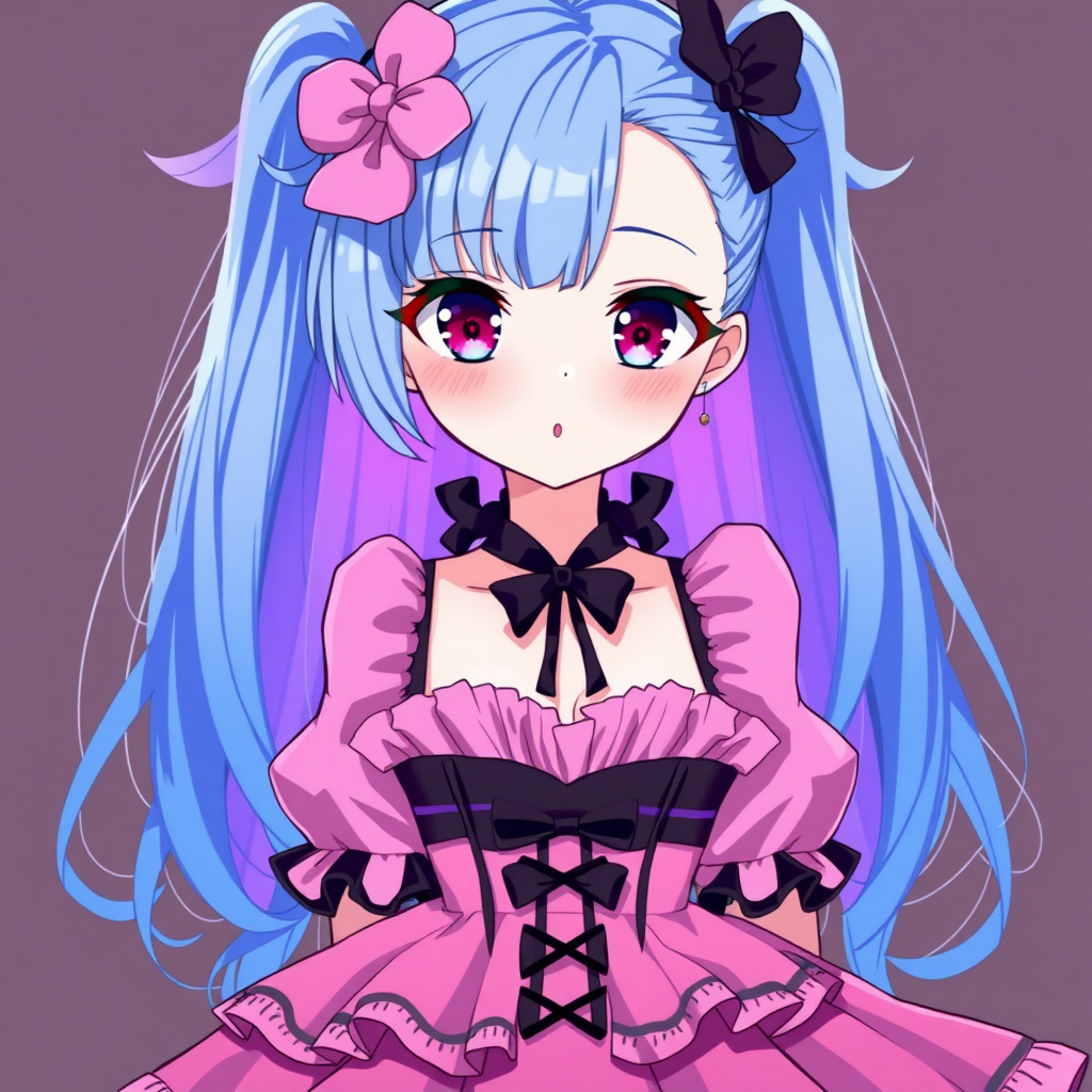 Anime girl with blue hair and magenta eyes that is wearing a pink-black gothic lolita dress. 
She has big boobs, a small waist and wide hips.