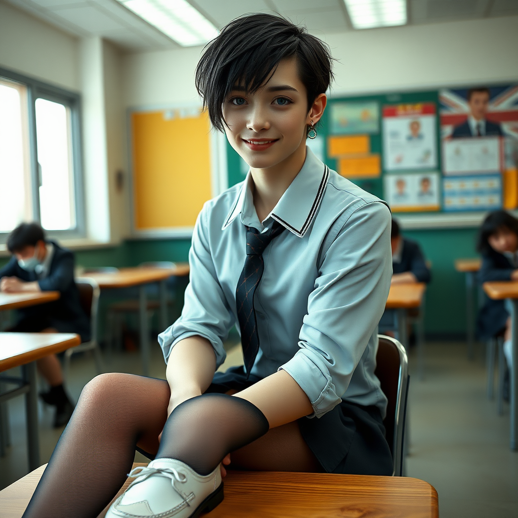 photorealistic, ultra high resolution, 16K, surreal fantasy, soft studio lighting, a pretty 16 year old goth male, slim male physique, short dark hair, blue eyes, goth makeup, earrings, sheer pantyhose, UK girls-school uniform, Mary-Jane shoes, sitting in the classroom, excited smile, facing the camera.