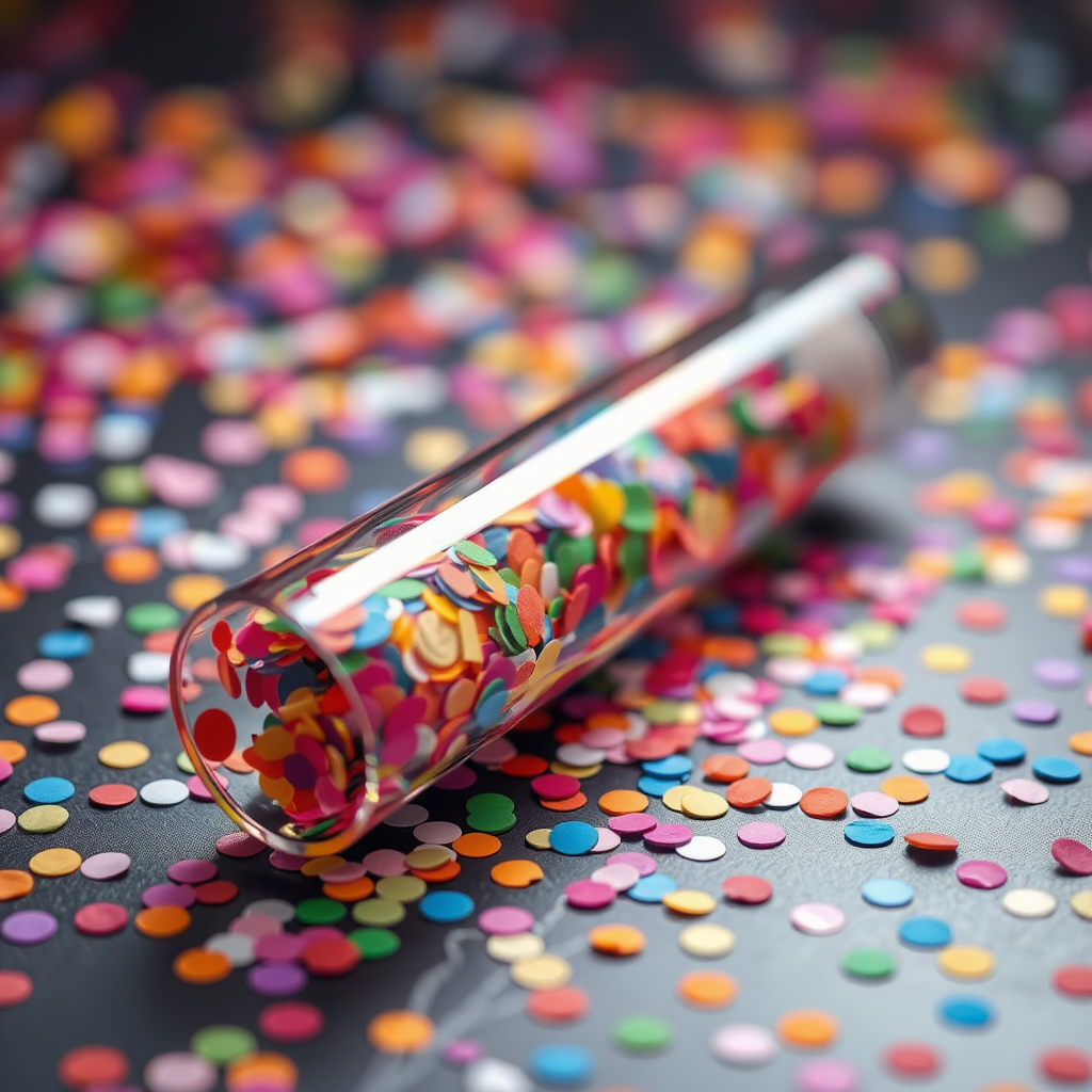 A photo of a glass fat transparent plain uniform confetti popper tube with colorful confetti inside, lying flat at an angle, with confetti around it, distant confetti blurred, reflections on the tube glass, tube closed from both ends.