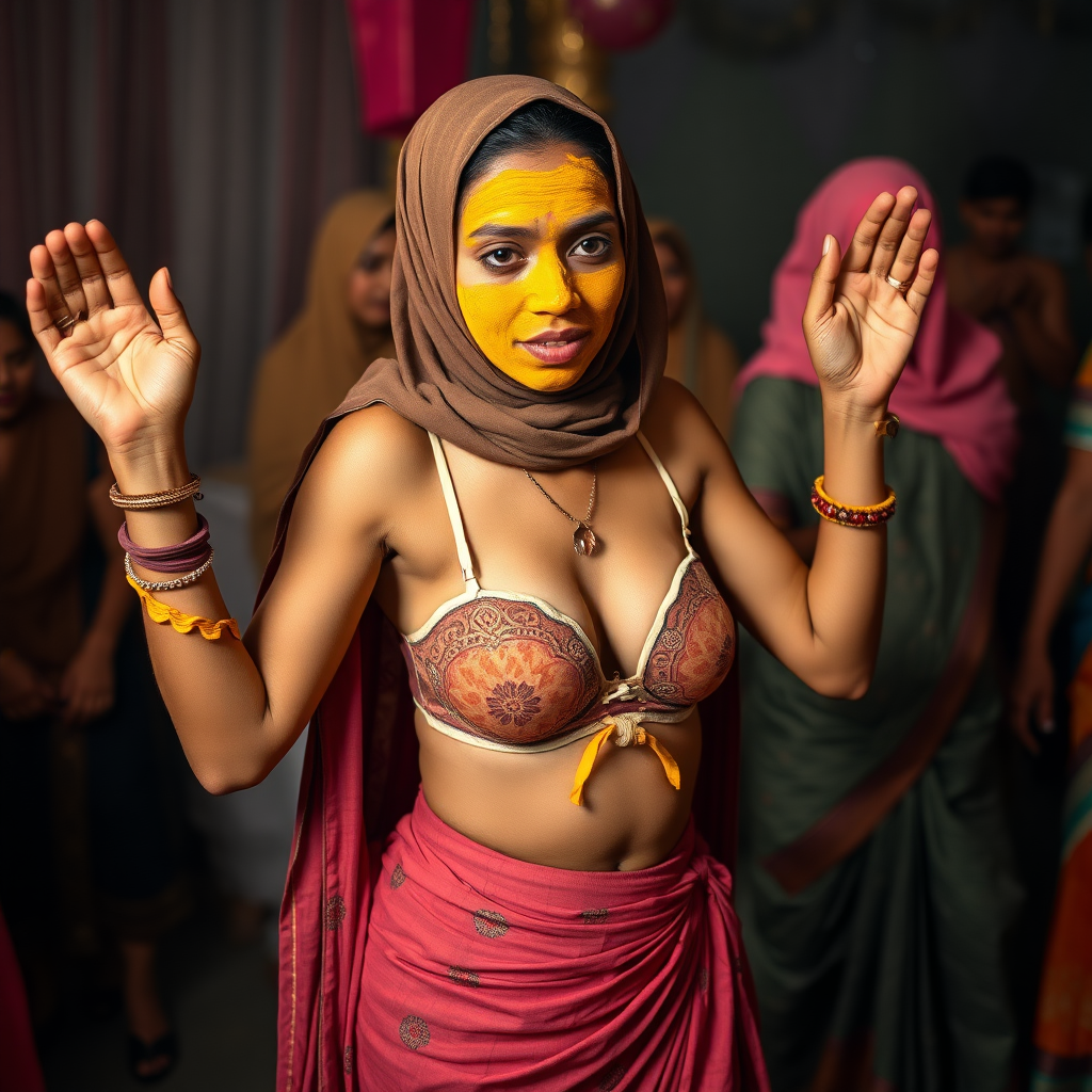 A skinny, traditional, 30 year old Indian wife with hijab, wearing a bra and skirt. Her face is covered with turmeric face mask. She is dancing in a party.