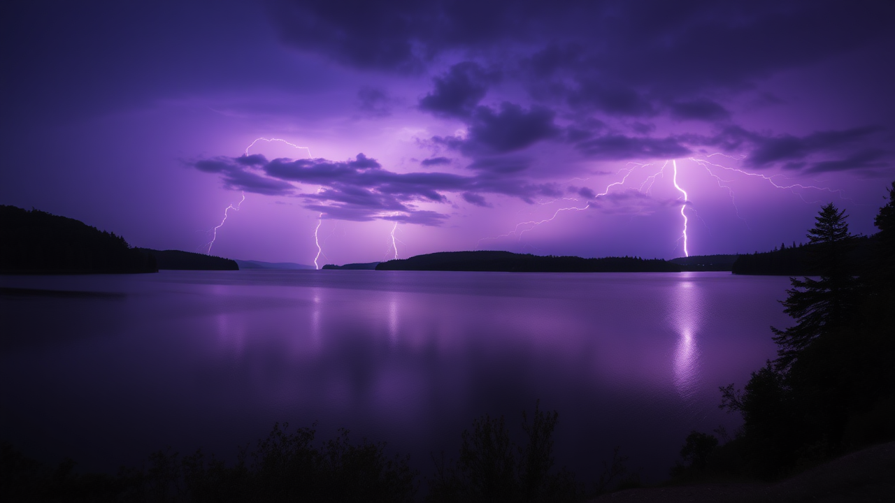 photo, lakes, nature, purple sky, lightning