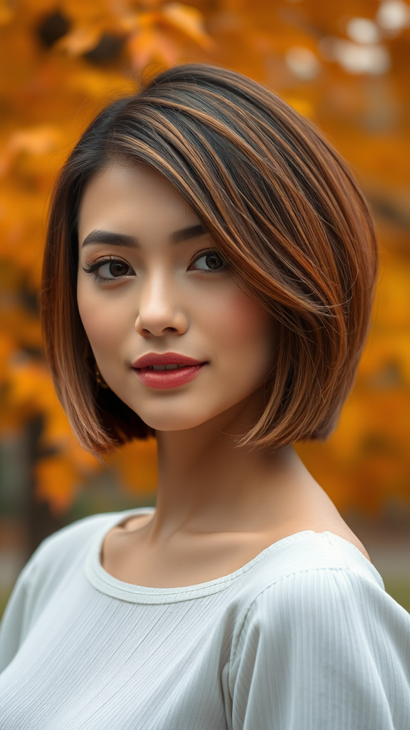 Beautiful model in the foreground, square bob hairstyle, with autumn foliage, in high definition.