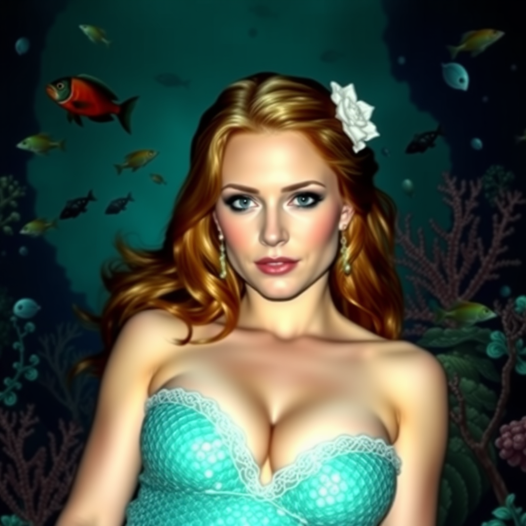 Sookie Stackhouse as a very sexy mermaid. The sea is deep and mysterious and filled with a myriad of ocean life plants, fish, and other aquatic life.