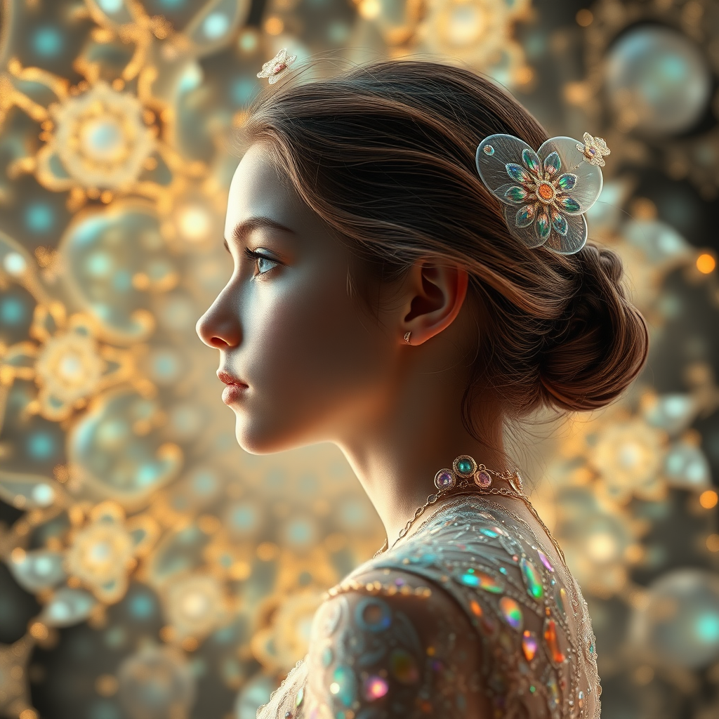 preteen girl in profile, abstract, mandelbulb fractal, sacred geometry, ultra-detailed, dynamic composition, artistic photograph, fractal, brilliant colors, glittering, transparency, translucent, opal, gold, romanticism, sharp focus, floral, mother of pearl, iridescent, jewelry