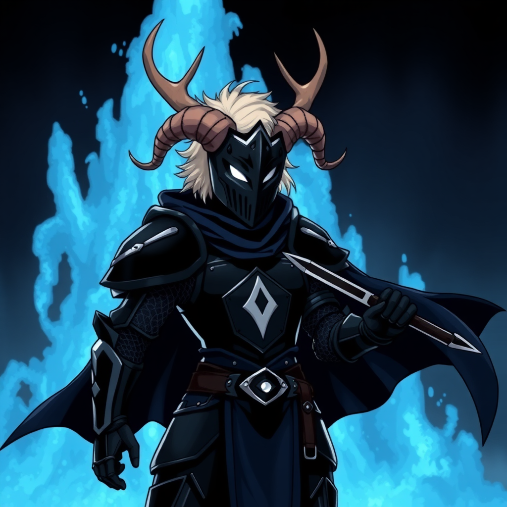 (Anime-pixel art) background of a massive dark blue-black-dark magic fountain erupting into the air, a fierce and violent knight stands poised for battle. She wears sleek, black knight armor, marked by a small white eye shaped symbol at its center, exuding an air of intimidation. Her face is obscured by a terrifying goat-like mask, with a single glowing white eye on the right, and another white eye symbol perched at the top of the mask, adding to her menacing presence.

The knight's imposing silhouette is accentuated by two large, dark-silver shoulder guards that gleam ominously in the darkness. Draped behind her is a flowing dark-blue cape that billows dramatically, hinting at her formidable power. Atop her head, two impressive deer antlers rise on each side of her head, further enhancing her fearsome appearance, while her short, tousled blonde hair peeks out from beneath the mask. She is holding in her right hand a black knife with black-dark magic.

This is the Roaring Knight, known as Mayor Holiday from Deltarune, captured in a striking full-body view that highlights both her ferocity and enigmatic allure.