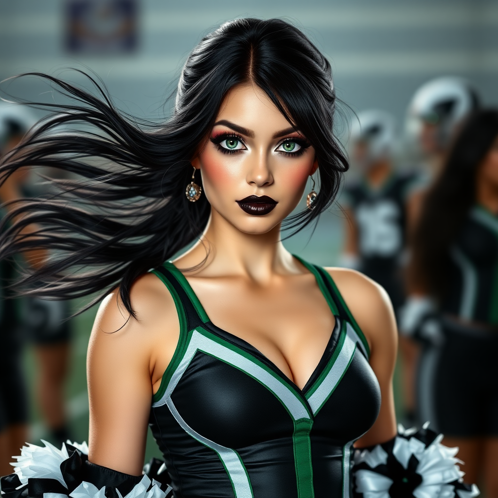 Juliet Starling is a short athletic goth and cheerleader of Santa Romero High. She has a very confident and seductive expression while posing for her team. Her black hair flows in the midwinter wind. Her green eyes shine like emeralds. Her black lips are alluring. Sweat drops are running down her pale skin.