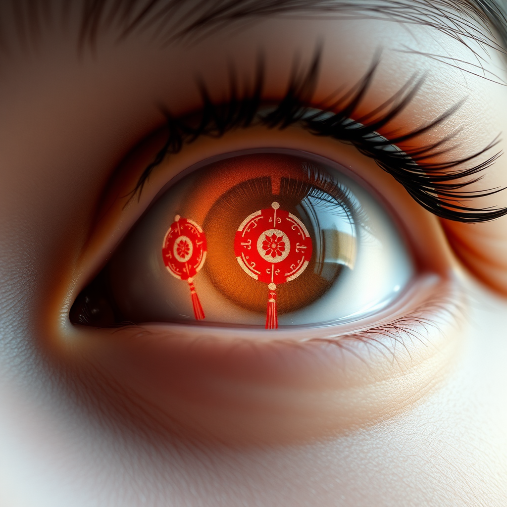 A close-up of eyes with lenses, the eye lens with traditional red and white design Chinese red white Design. The composition emphasizes the eyes and its design, with flash light, focused lights, looking up, 16k, photorealistic, very closeup, soft skin texture visible, daytime, photography taken by window side.