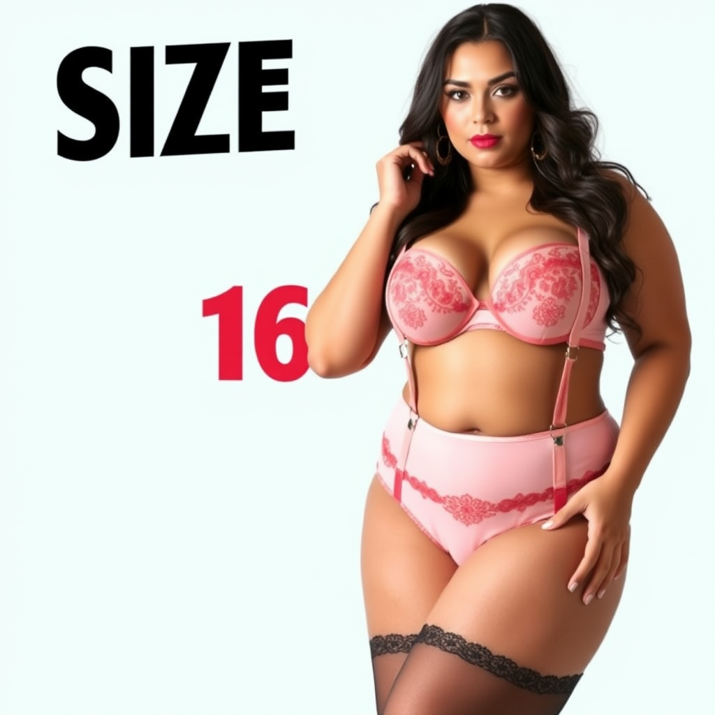 A lingerie advert featuring a plus size model about UK size 16. The model should be shown full height. She is wearing a matching set of lingerie including bra, briefs, stockings and suspenders. The image should be on a simple brightly coloured backdrop. There must be no text in the image.