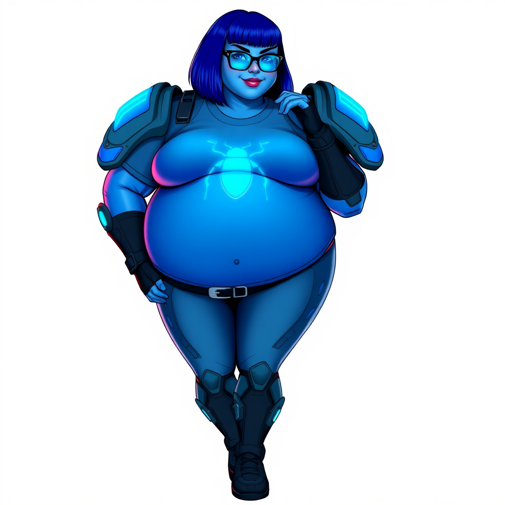 A 28-year-old, full-figured, metallic maximum blue (5PB 5/10) skinned computer program hybrid with a maximum blue bob cut. She has a non-athletic build, highlighted by a prominent, round, large midsection (with full emphasis on her round belly), which shows the effects of her love of junk food acquired from her boyfriend. As the full-figured, nerdy, digital sidekick to her cyberpunk vigilante boyfriend, her metallic maximum blue skin and maximum blue lipstick (5PB 5/12) emphasize her digital nature. Her skin has a subtle, animated glow, with digital patterns occasionally flickering across it, making her digital nature obvious. She wears a digital, computerized, superhero costume, consisting of a massive, tight-fitting, maximum blue t-shirt (5PB 5/12) made out of advanced nanotech with a neon blue chest icon of a beetle, hi-tech shoulder pads with neon blue accents, a black hi-tech belt with a digital neon blue glowing buckle, digital maximum blue biker pants (5PB 5/12) with neon blue accents, and black hi-tech fingerless biker gloves with neon blue glowing accents. Her neon blue glowing eyes, black eyeglasses with neon blue glowing lenses equipped with a built-in HUD, and bashful smile with neon red blush accentuate her nerdiness. She stands bashfully with one hand behind her back and the other hand gently touching her cheek, her costume covering all her skin (especially her midsection) and fully emphasizing her full figure (especially her round belly). She is clearly non-athletic, with a focus on her full-figured physique. Despite her build, she radiates beauty. She has a slim face compared to her physique, accentuating her radiant beauty. She is on a solid white background. She is drawn as if she were in a retro 2D cyberpunk fighting game.