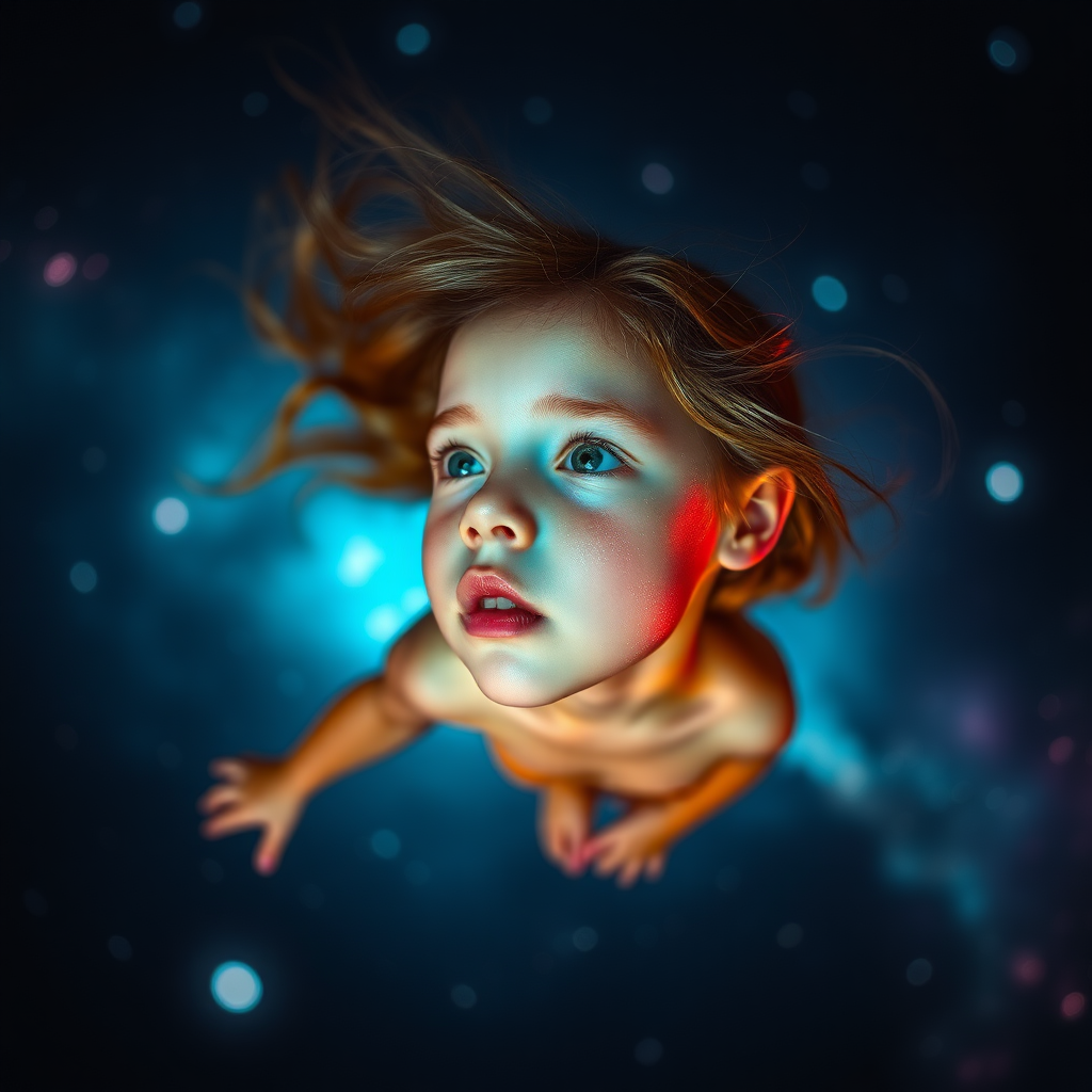 preteen girl floating in space, Low Key Lighting, dreamscape, nebula, Bokeh, abstract, brilliant colors, glittering, translucent, iridescent, natural skin, glowing, artistic photo, panoramic, interesting, microscopy, airy, original, experimental, interdimensional