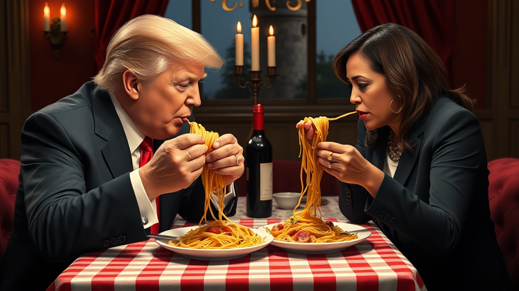 Photoreal style. ratio: 16:9. Donald Trump and Kamala Harris eating in an Italian restaurant a la the one in 'Lady and the Tramp.' Checkered tablecloth, Chianti bottle used as a candle holder. Both humans are eating spaghetti from one shared plate with their hands and end up eating the same long piece of spaghetti, making their heads very close.