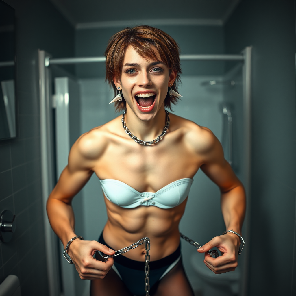 photorealistic, ultra high resolution, 16K, surreal fantasy, studio lighting, a pretty 16 year old goth boy, slim male physique, shoulder length brown hair, goth makeup, earrings, spiky chain and leash, handcuffs, trainer-bra, pantyhose, white ballet shoes, in the bathroom, excited open mouth smile, facing the camera,