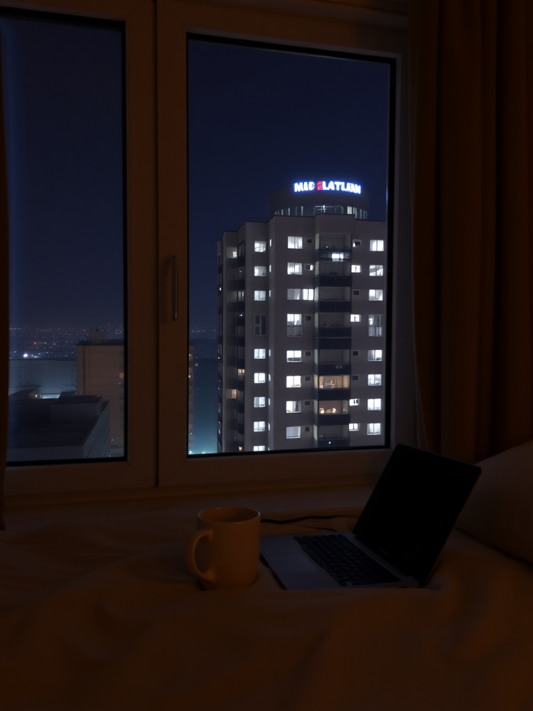 Window, bed, laptop, cup, night, no light, high building.