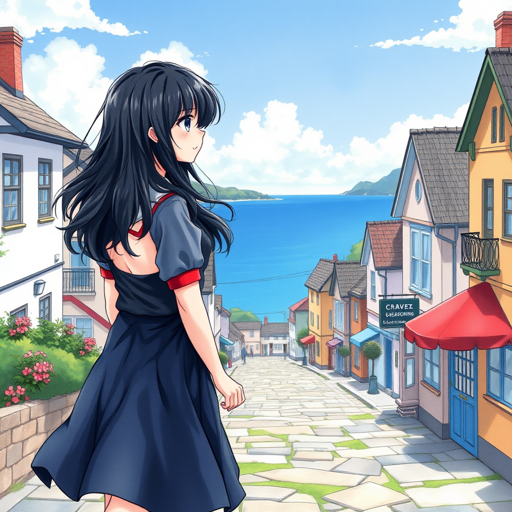 1 raven haired girl walking down a seaside town in watercolor anime style