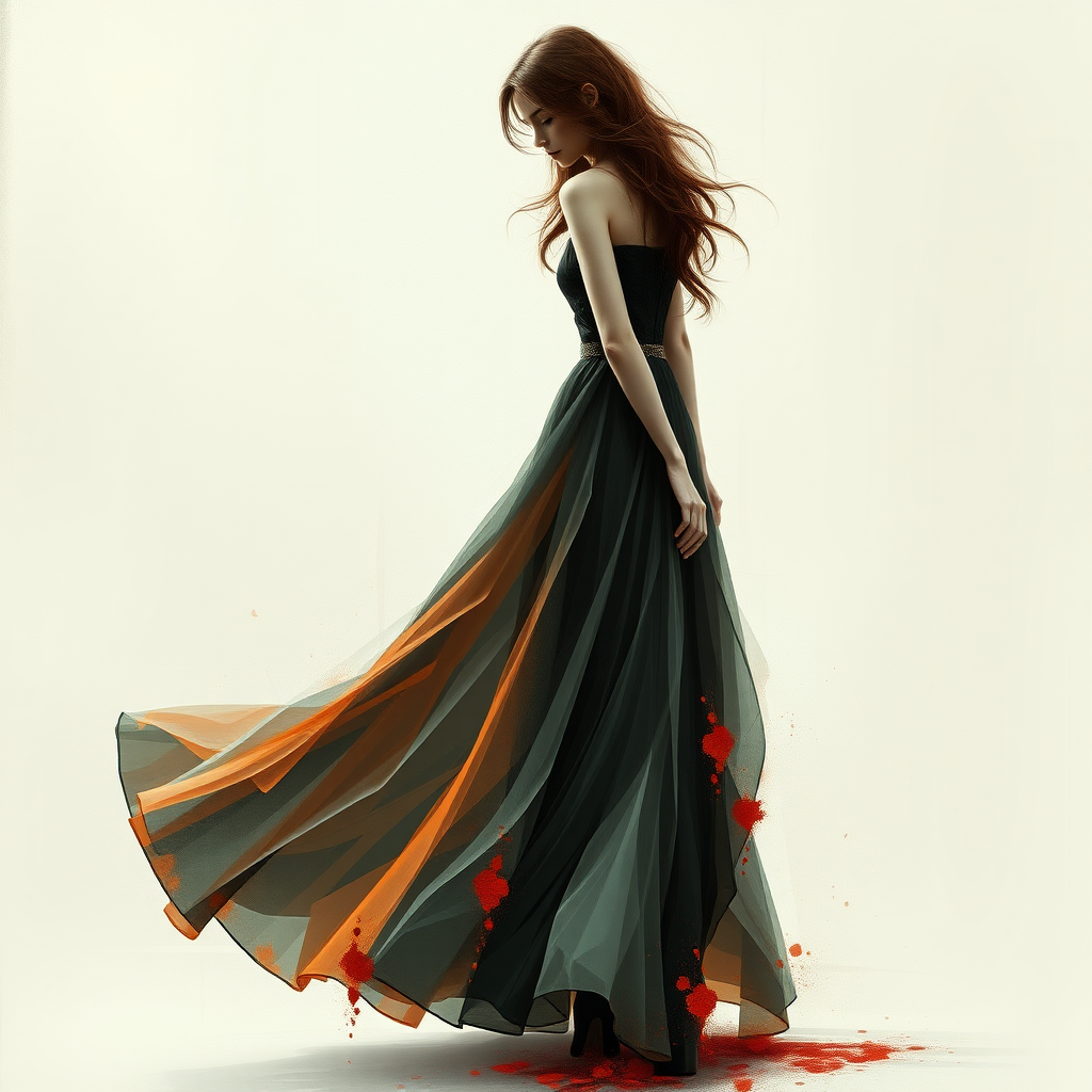 abstract girl in full dress with a very long skirt in gruvbox color scheme (make the girl hard to see in this image)