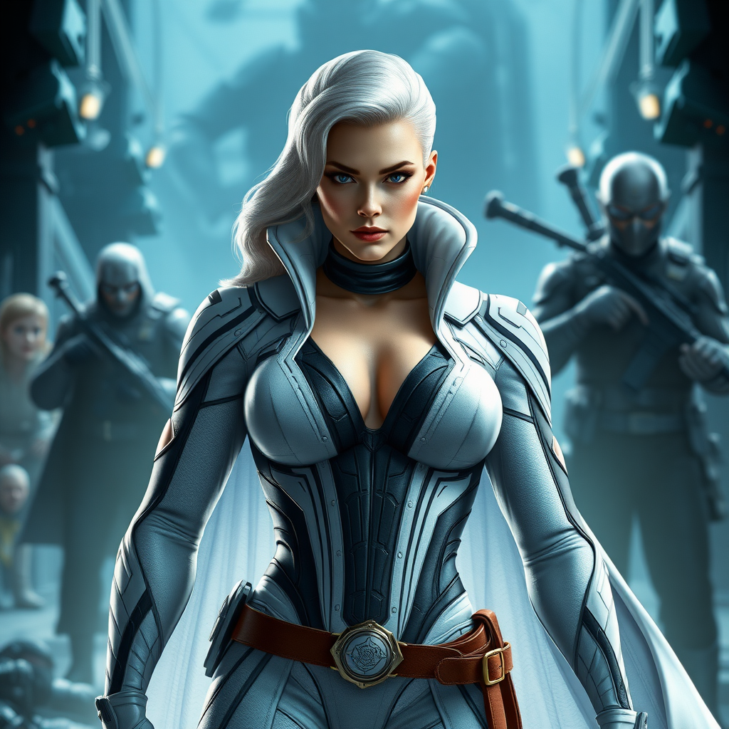 Create a full-length photorealistic image featuring a mashup character: Emma Frost retains her head, hairstyle, and facial features. Replace her body with the physique of Marcus Fenix. Adapt Emma Frost's costume to fit this new muscular form. Incorporate elements from both characters' worlds to design the background, blending the elegance of Emma Frost’s aesthetic with the gritty, military environment of Marcus Fenix, resulting in a dynamic and cohesive scene.