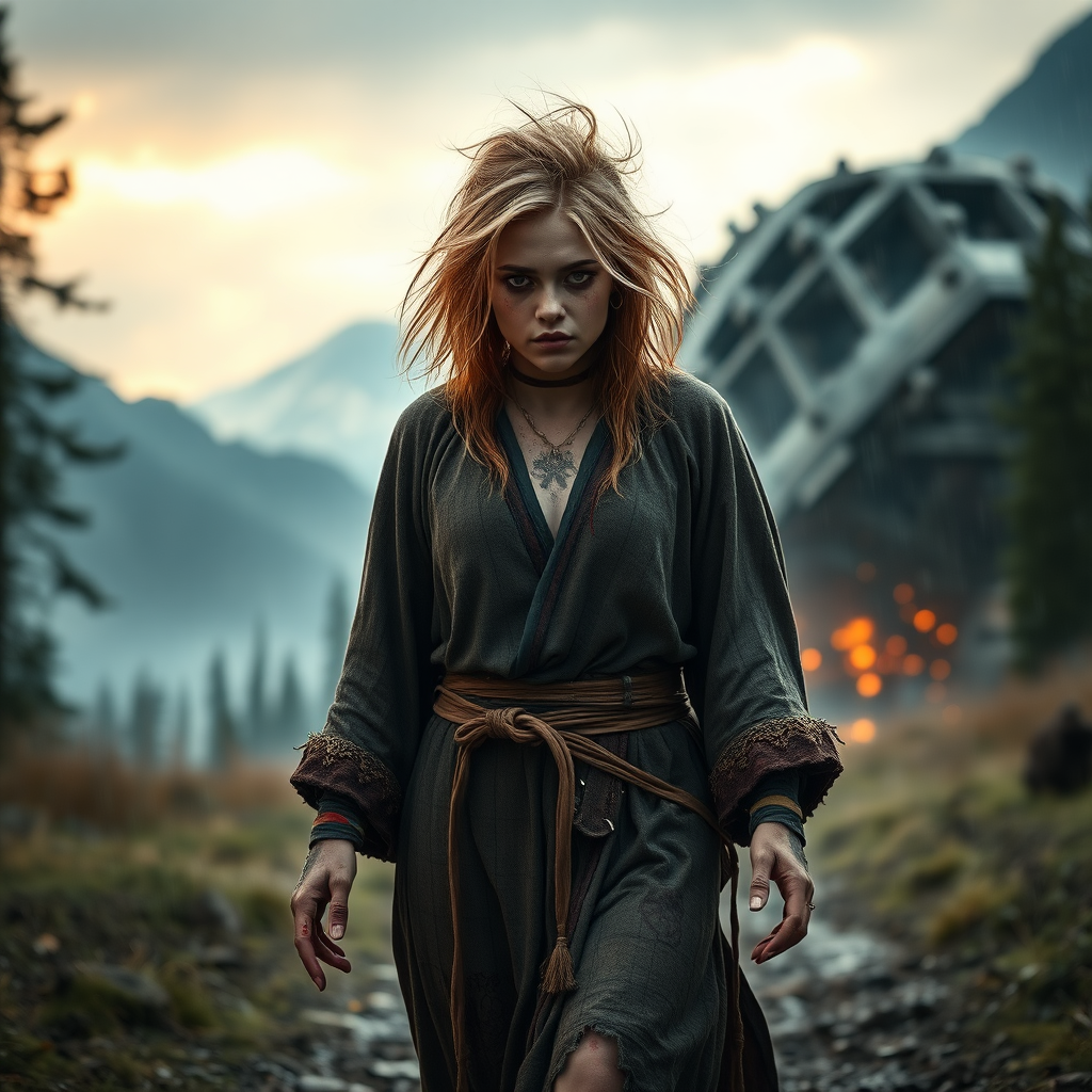 A full body shot of a pretty twenty-something female orc wizard with a face resembling (ana de armas), walking towards camera unsteadily. strawberry blonde messy shoulder length hair tussled by wind. robes covered in runes, magic aura swirling around her visibly. it is dawn. she is bleeding, and covered in soot and dirt. There is a giant crashed vessel out of focus in the background. forest and mountains, rain.  Hyper-realistic, Photorealistic digital matte painting, soft focus, film grain, lens flare. gritty, dirty, scuffed.