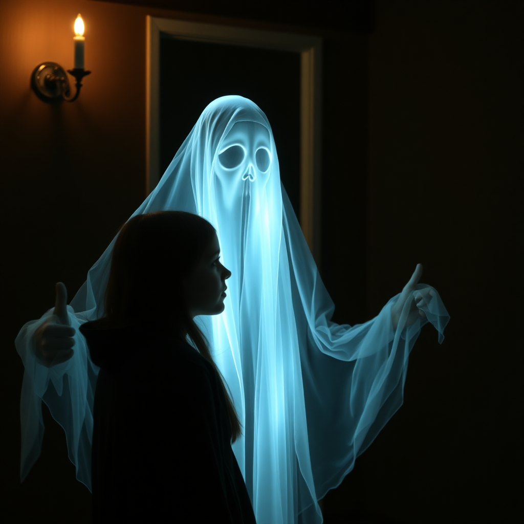 a ghost that is transparent appearing to a young woman.