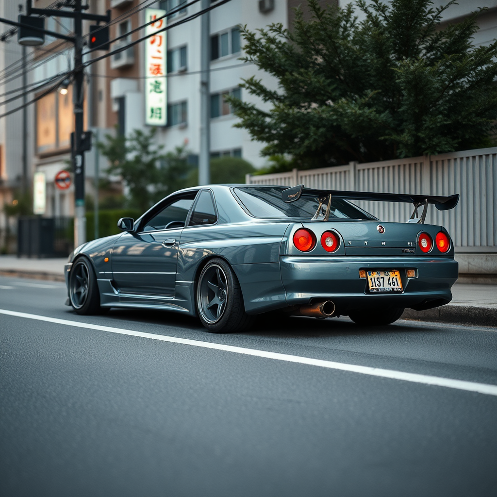 the car is parked on the side of the road, inspired by Taiyō Matsumoto, tumblr, restomod, nd4, c4 metallic shine nissan skyline r34 kalabalik tokyo gece arkaplan