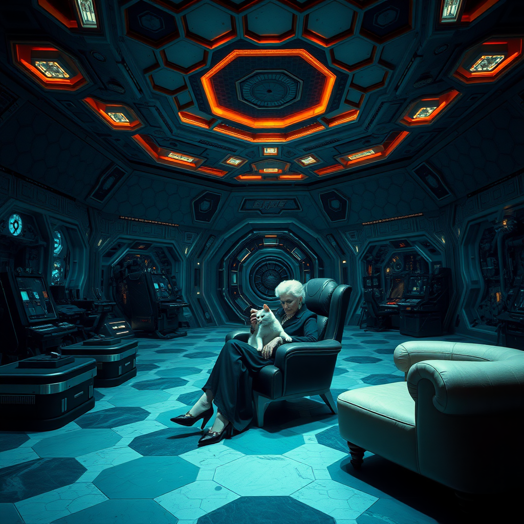 Wide shot of a large interior space of a James Bond-style villain's lair. The walls, ceiling, and floor feature a striking hexagonal honeycomb design. The room is filled with futuristic and dangerous-looking technology. A villainous elderly white-haired woman with striking blue eyeshadow is sitting in a chair stroking a small white cat. The lighting is dramatic and ominous.