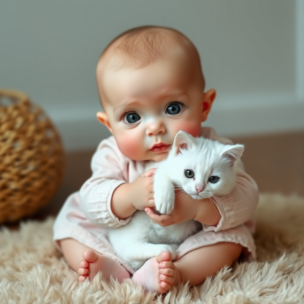 A cute small chubby fair baby with big eyes, pink lips, and pink cheeks, wearing a light pink soft frock, sitting on a furry rug, holding a white cute cat.