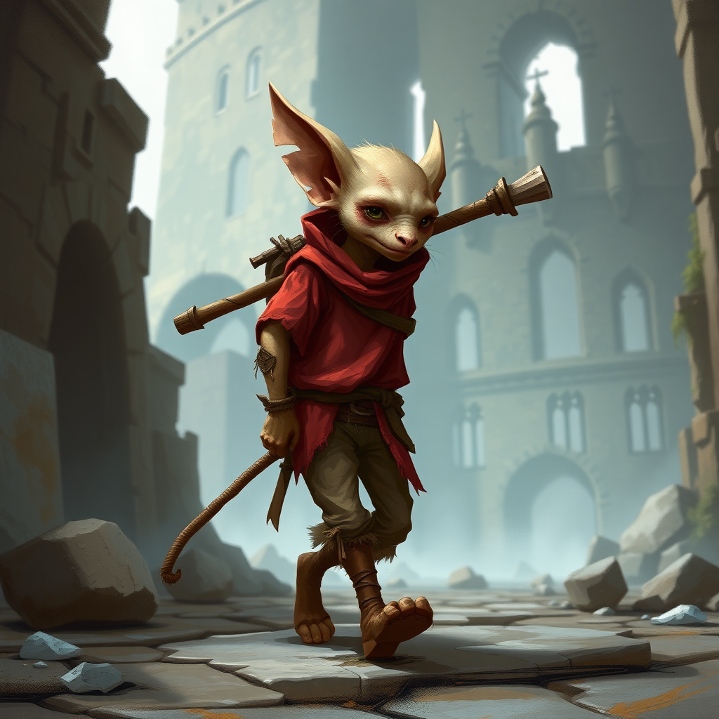 A small, skinny, light brown kobold in a tattered red tunic and dirty brown pants wearing a quarterstaff on his back as he walks through a ruined castle.