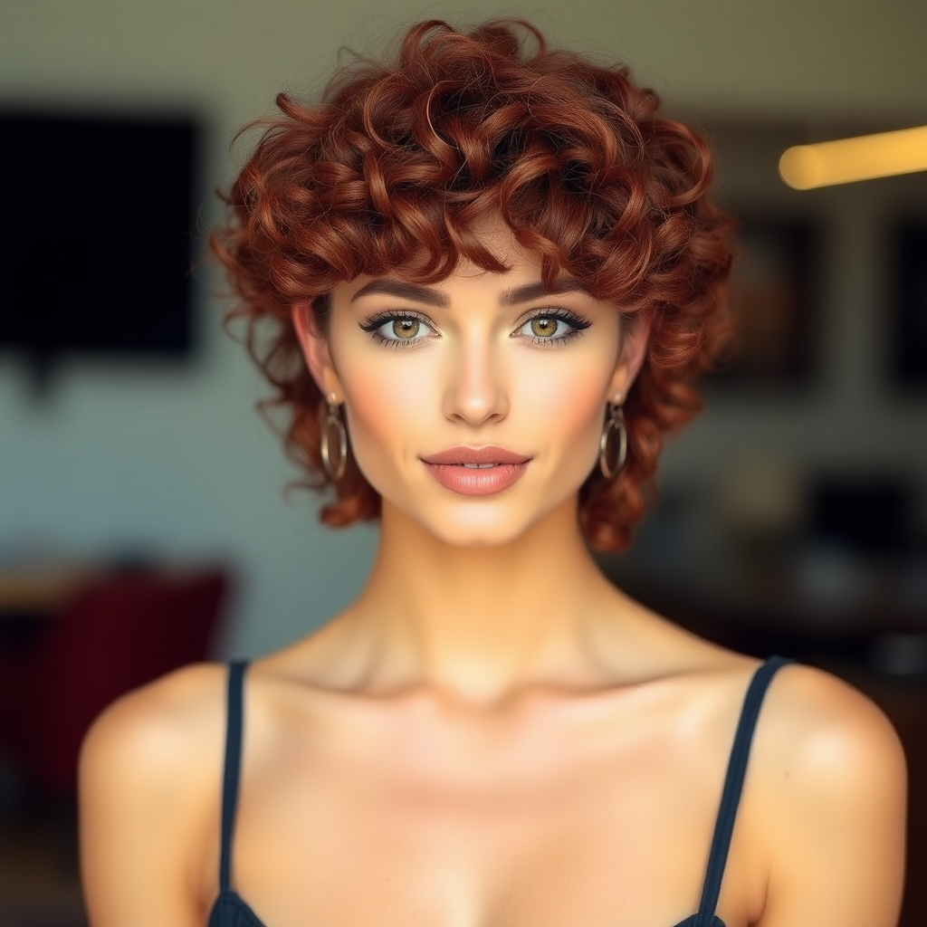 Beautiful model with curly hair, colored deep red, with a charming look.