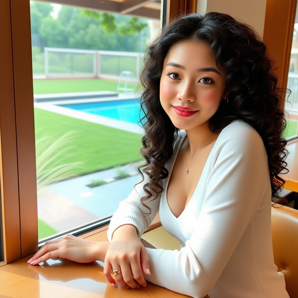 A beautiful 18-year-old young Xiaohongshu influencer with fair skin, big eyes, long curly hair, an oval face, and very slim, is sitting in a café, leaning on the table, with a view of green grass and a swimming pool outside the window.