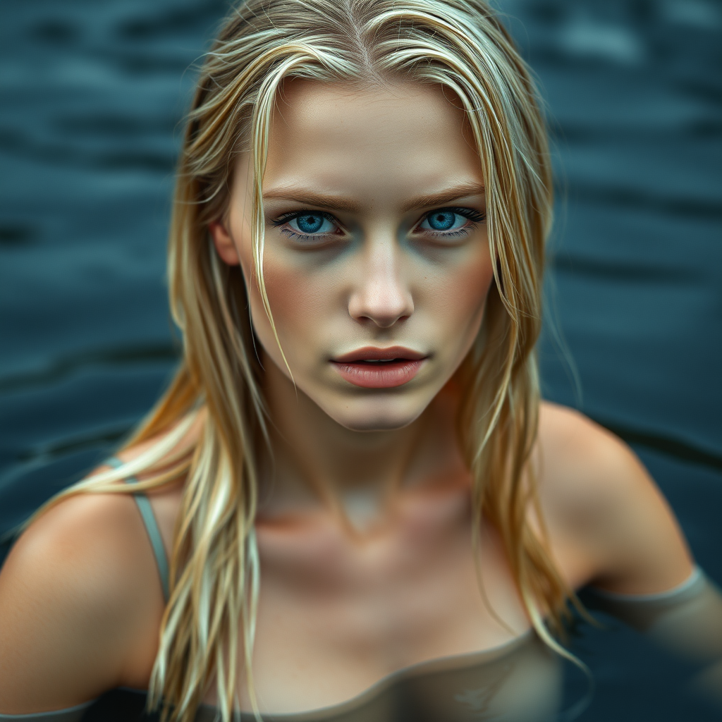 a young european woman just coming out of a lake. she has long blonde wet hair and pale blue eyes. she is topless. seductive look. photo