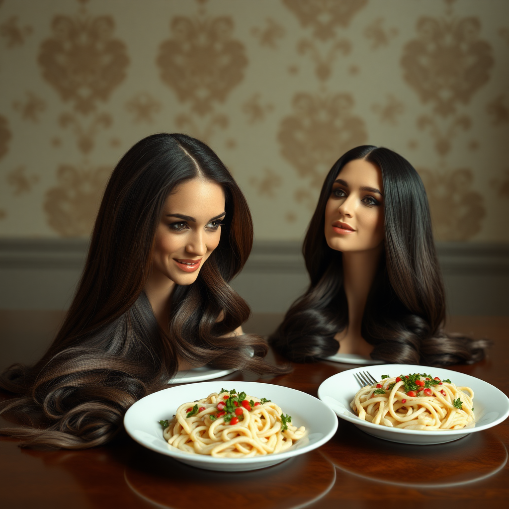 Surreal image of the disembodied heads of very long haired Meghan Markle and Kate Middleton served on plates.