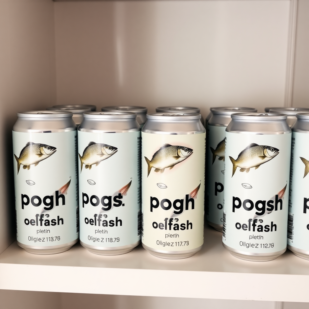 a small shelf with cans that have an image of fish on the label and text saying "pog fish poggers fish"