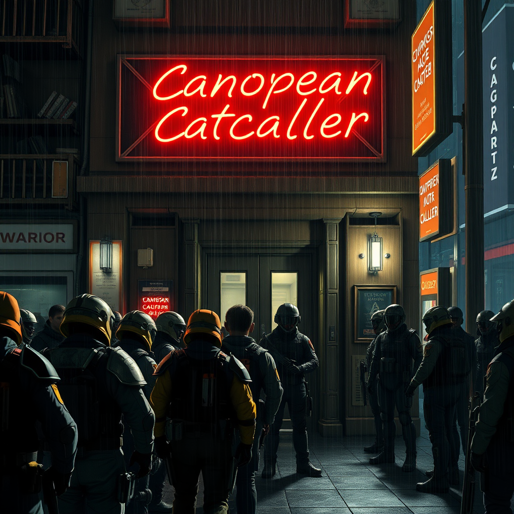 A crowd of mechwarrior pilots gathering in front of a bar in a mechwarrior city. Sign with "Canopean Catcaller" in neon above the door. Night, raining, realistic, lens flare.