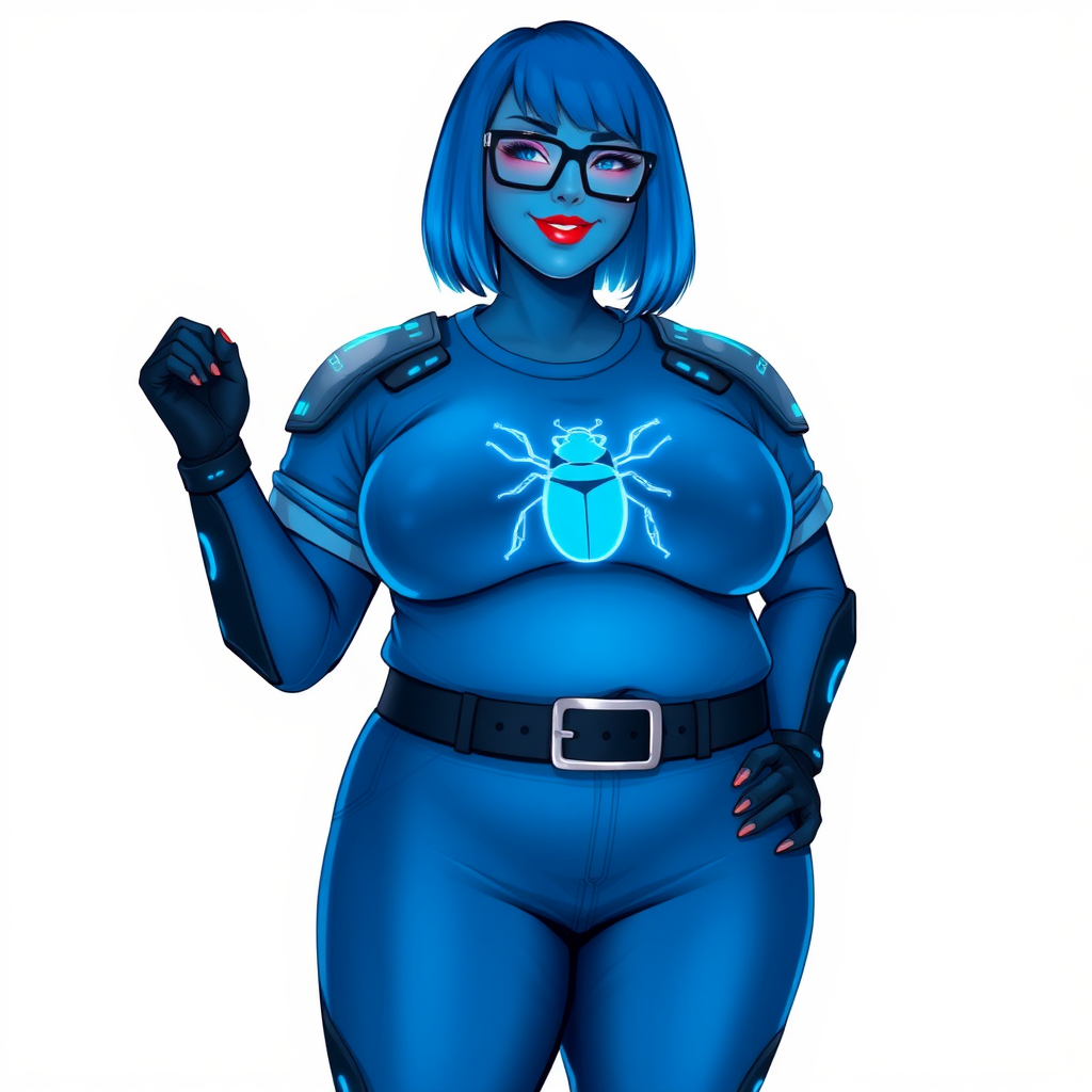 A 28-year-old, full-figured, metallic maximum blue (5PB 5/10) skinned computer program hybrid with a maximum blue bob cut. She has a non-athletic build, highlighted by a prominent, round, large midsection (with emphasis on her round large belly), which shows the effects of her new love of junk food acquired from her boyfriend. As the full-figured, nerdy, digital sidekick to her cyberpunk vigilante boyfriend, her metallic maximum blue skin and maximum blue lipstick (5PB 5/12) emphasize her digital nature. Her skin has a subtle, animated glow, with digital patterns occasionally flickering across it, making her digital nature obvious. She wears a digital, computerized costume, consisting of a massive, tight-fitting, maximum blue t-shirt (5PB 5/12) made out of advanced nanotech with a neon blue glowing chest icon of a beetle, hi-tech shoulder pads with neon blue accents, a black hi-tech belt with a digital neon blue glowing buckle, digital maximum blue biker pants (5PB 5/12) with neon blue accents, and black hi-tech fingerless biker gloves with neon blue glowing accents. Her neon blue glowing eyes, black eyeglasses with neon blue glowing lenses equipped with a built-in HUD, and bashful smile with neon red blush accentuate her nerdiness. She stands bashfully with one hand behind her back and the other hand gently touching her cheek, her costume covering all her skin and emphasizing her full figure (especially her round large belly). She is clearly non-athletic, with a focus on her full-figured physique. Despite her build, she radiates beauty. She has a slim face compared to her physique, accentuating her radiant beauty. She is on a solid white background. She is drawn as if she were in a retro 2D cyberpunk fighting game.