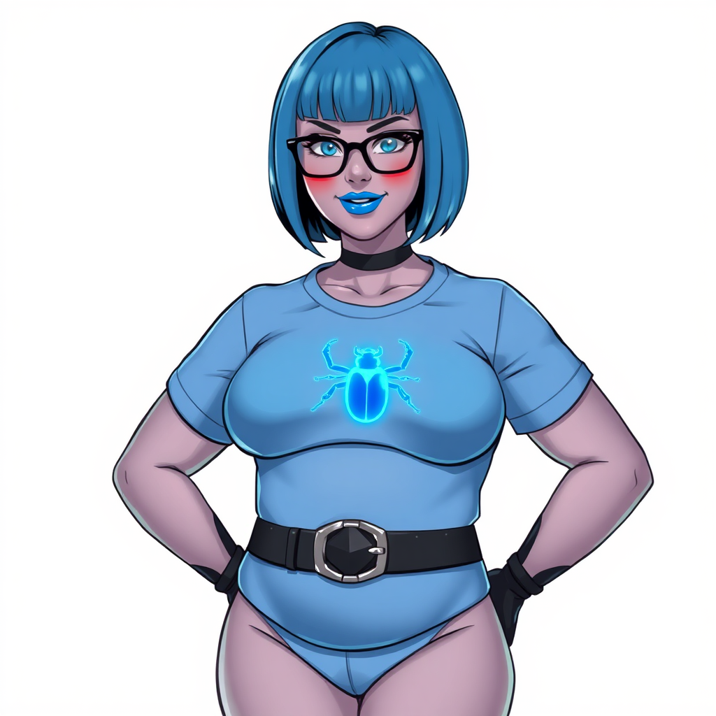 A 28-year-old, full-figured, middle gray metallic-skinned computer program-human hybrid with a maximum blue bob cut. She has a non-athletic build, highlighted by a prominent, round, large midsection (with a focus on her belly). As a digital sidekick, computer hacker, and nerdy girlfriend to her cyberpunk vigilante boyfriend, her middle gray metallic skin and maximum blue lipstick emphasize her digital nature. She wears a tight-fitting, maximum blue t-shirt with a neon blue beetle chest icon, a black belt with a sapphire scarab buckle, and black gloves. Her bright blue eyes, black eyeglasses, and lovestruck smile with neon red blush accentuate her nerdiness. She stands bashfully with her hands behind her back, her bodysuit covering all her skin and emphasizing her full-figured, non-athletic physique. She is on a solid white background. She is drawn as if she was in a retro 2D cyberpunk fighting game. She is clearly non-athletic, with emphasis on her full-figured and pudgy physique. Ensure her shirt covers her midsection (especially her large belly).