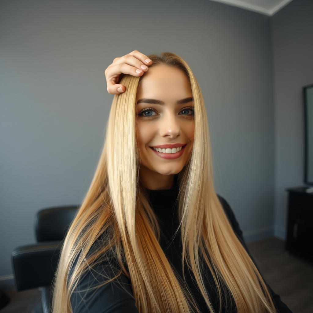 POV, beautiful very long haired blonde woman sitting in a hair salon smiling at the camera while I reach out from behind the camera to massage her scalp.  Plain gray background.