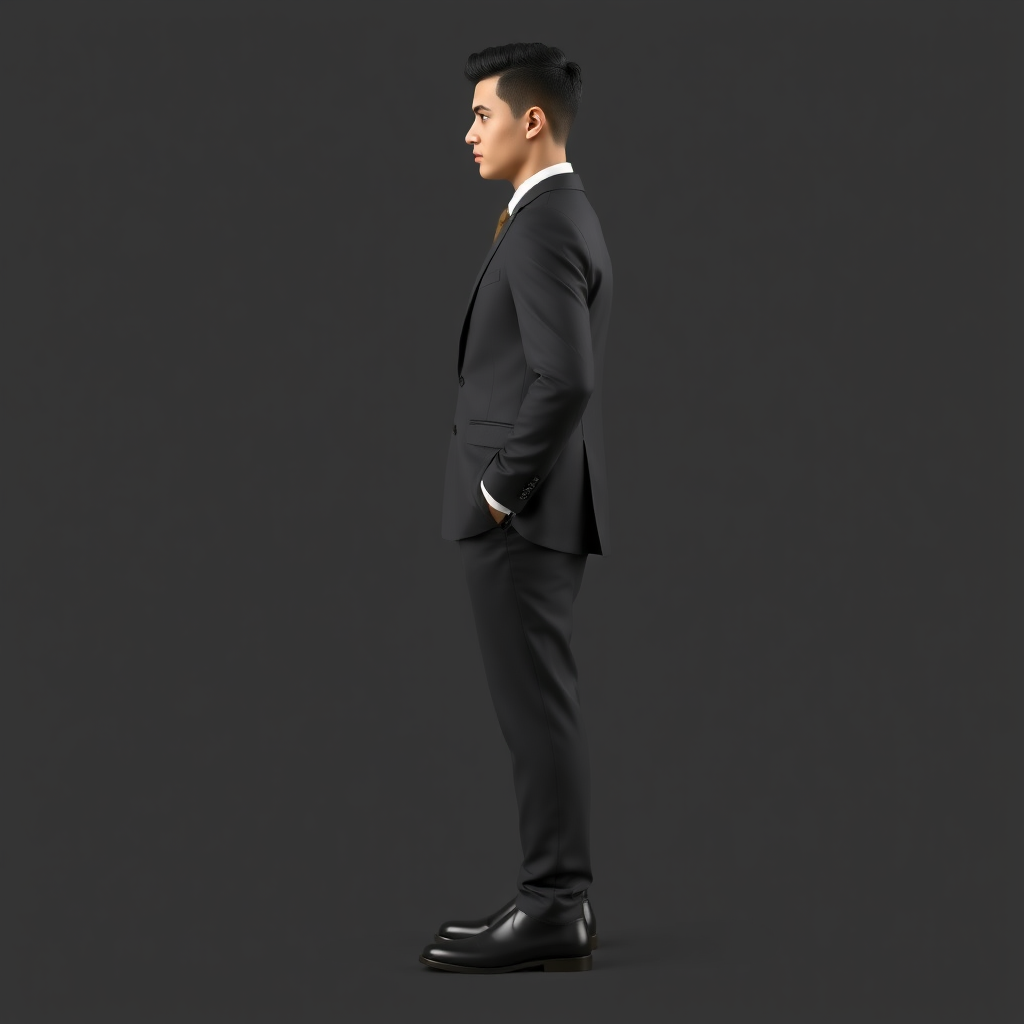 Tall model of a man in profile, dressed in an elegant suit, long pants, shiny shoes, very short curly hair, oval face, small nose, brown eyes, thin lips, normal attached ears, slight double chin, Mediterranean complexion, very thin brown eyebrows.