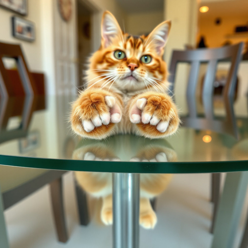 The cat's four paws are placed on the transparent dining table, and the camera is capturing the cat's four little paws from underneath the table.