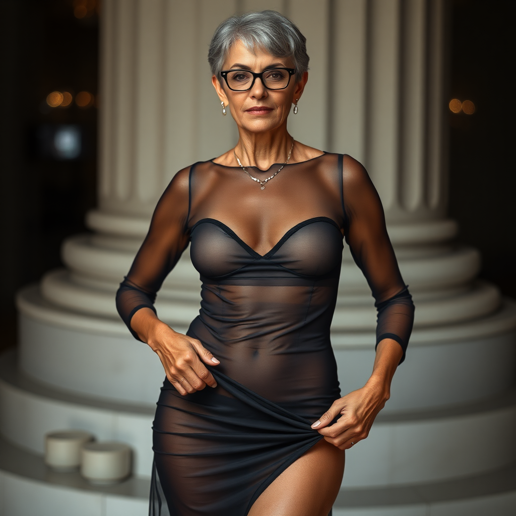 a towering gorgeous 50 Years old, fit, slim, European, Latina, sharp aquiline nose, wrinkles, high cheekbones, Middle Eastern, Skinny, Tanned skin, Dark light skin, Rounded Medium breasts, Skinny thighs, full Makeup, jewelry, Serious face, Sharp nose, Ash hair, short bowl haircut, Brown eye color, Glasses, with detailed features. she is wearing a black hyper tight transparent undersweater and transparent tight thin black cocktail dress, detailed fabric and black thong. full body, high heels sandals, rolling up her skirt over her thighs, inviting the viewer to get closer, cleavage long establishing shot,