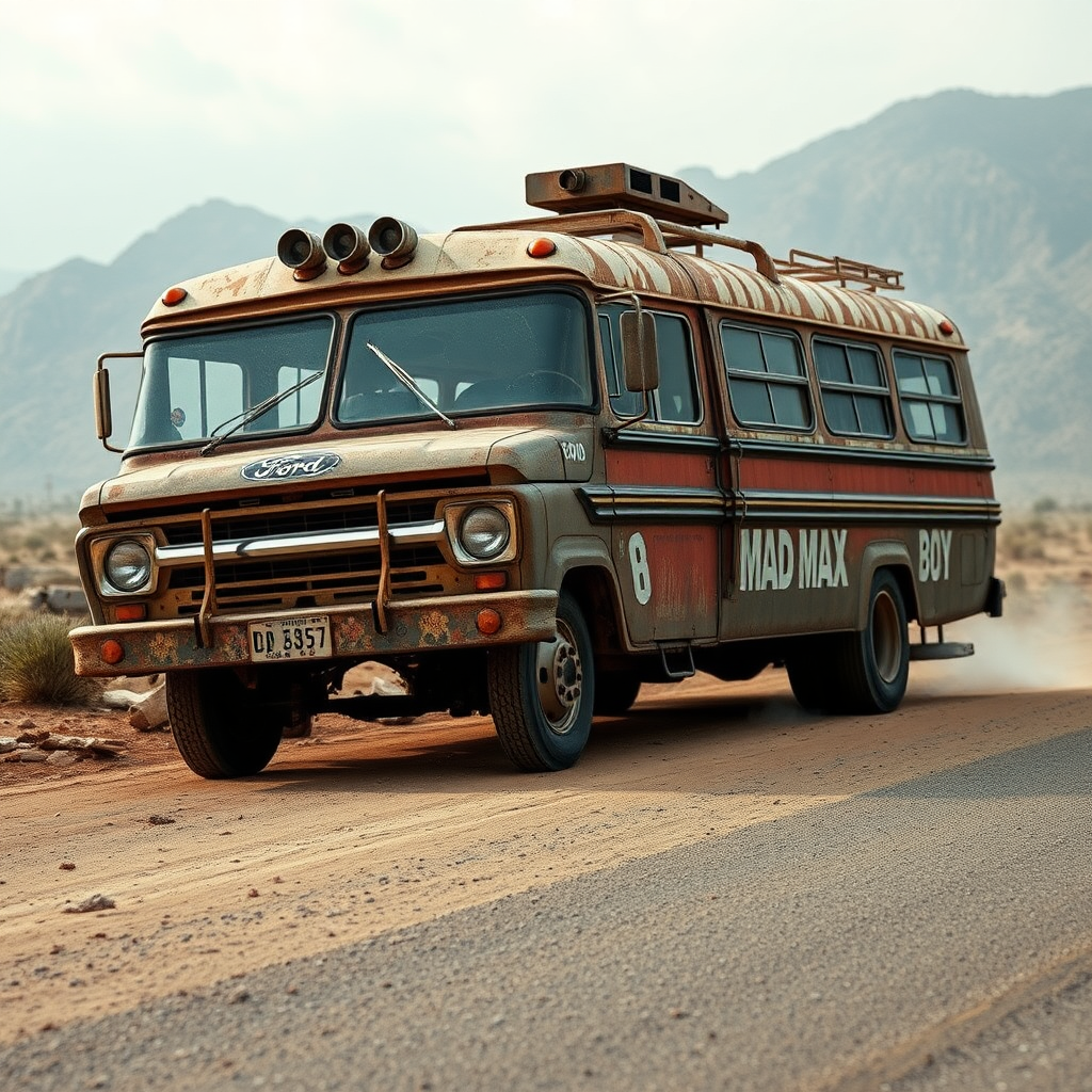 Ford Falcon Mad Max post-apocalyptic dust rusty zombie the bus is parked on the side of the road, inspired by Taiyō Matsumoto, Tumblr, restomod, nd4, c4