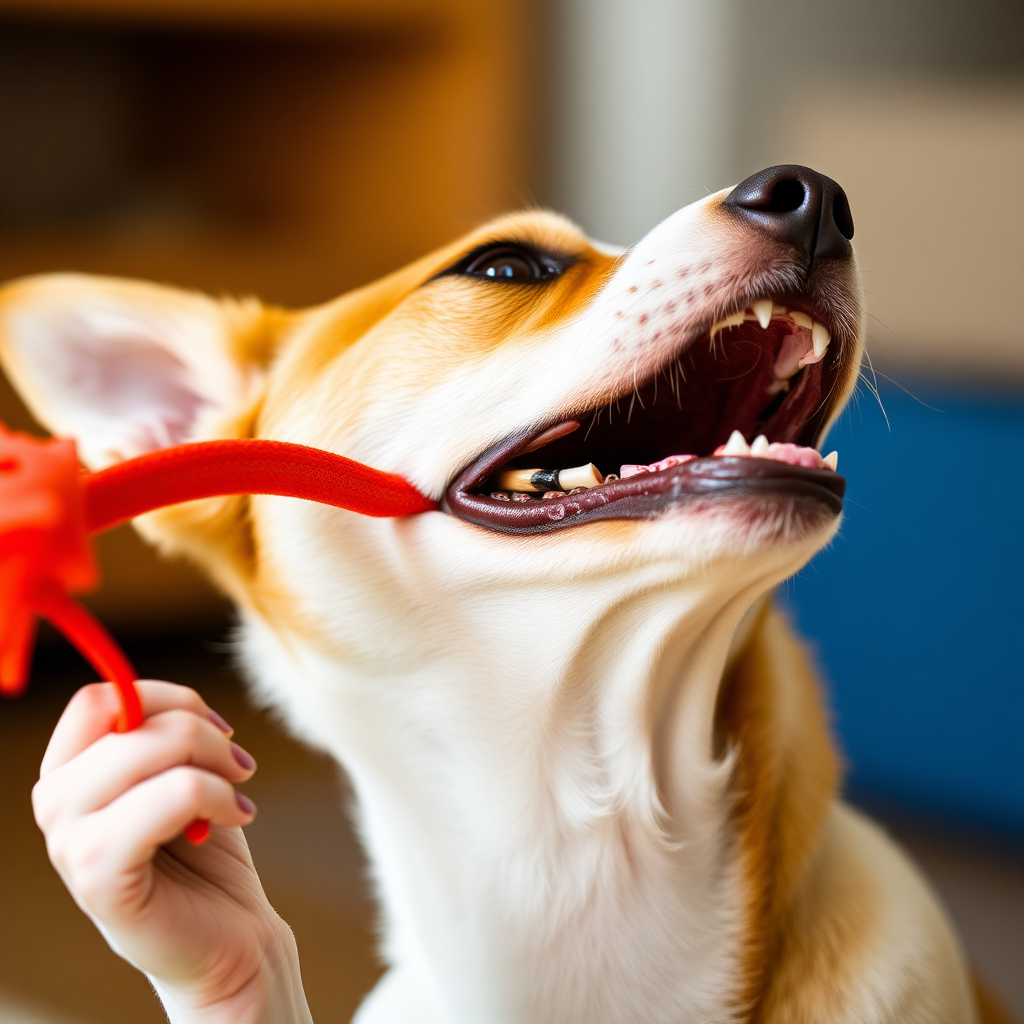 A dog biting a toy, close-up shot, side view of the head, stretching its neck, looking up, open the mouth.