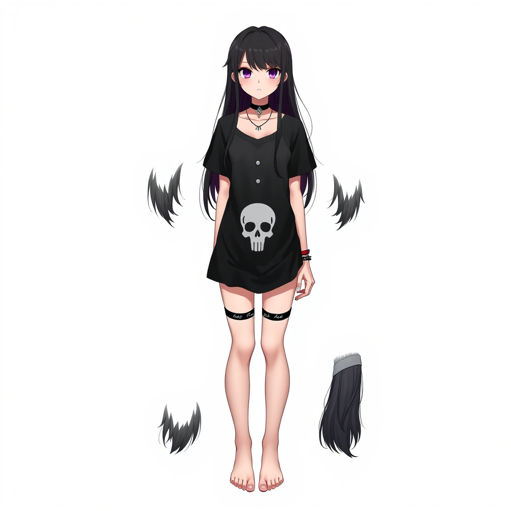 A full-body character sheet of a Gothic-style young adult woman with long black hair. She is wearing a black t-shirt with a skull logo, a choker around her neck, and small black underwear. She is barefoot. The background is white.