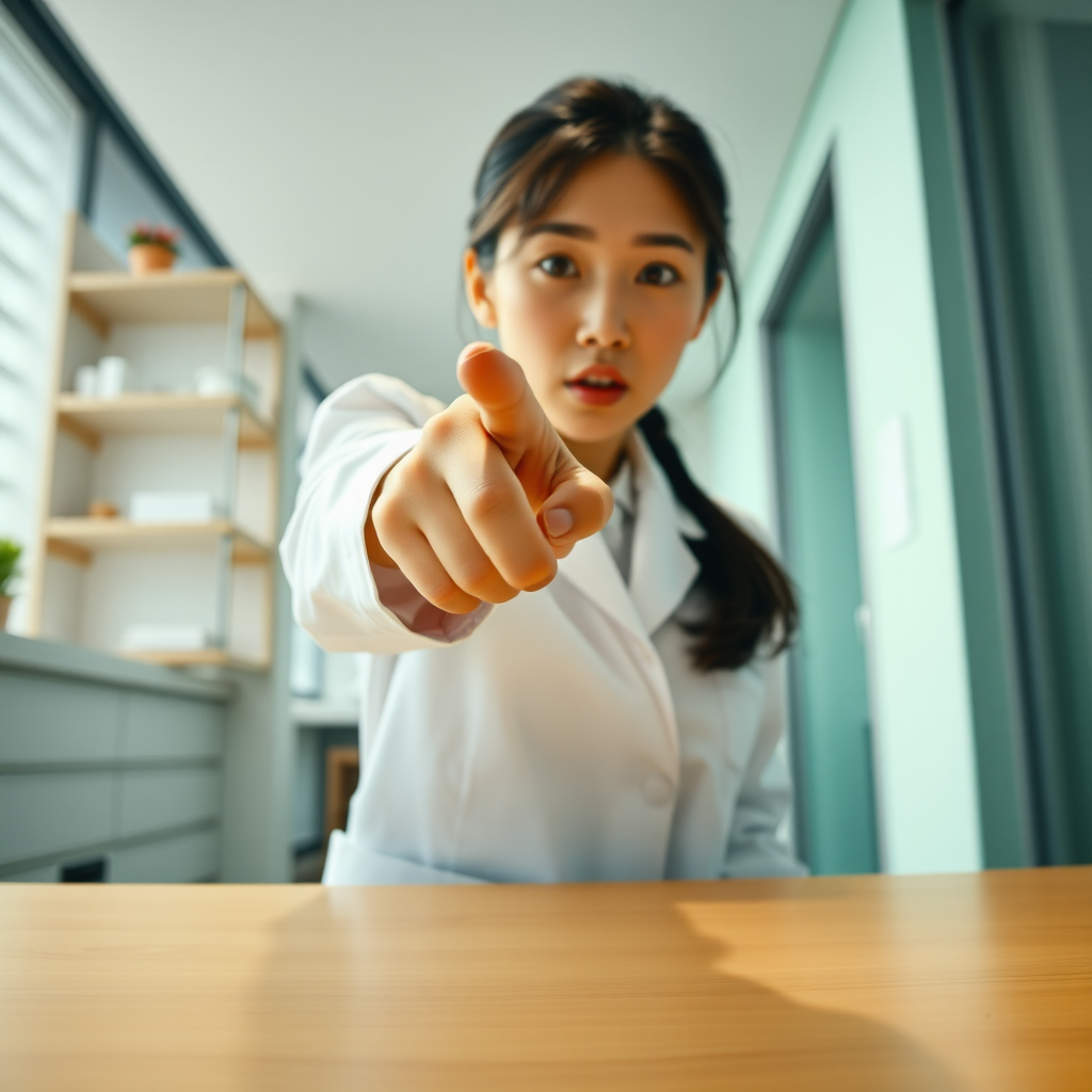 photo low angle Korean woman wearing lab coat standing and pointing her finger toward the camera which is on a table in front of her. she has a surprised look on her face