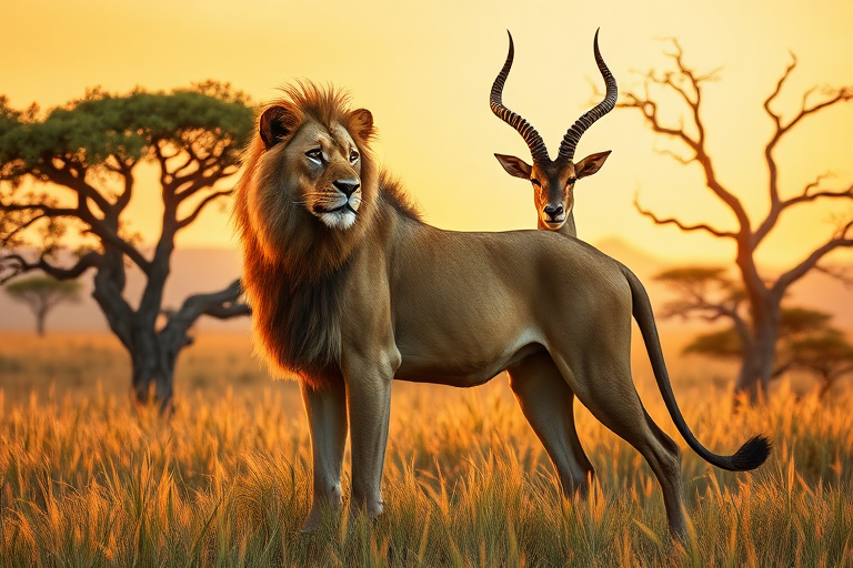 Create a full-length photorealistic image of a lion that embodies the musculature and silhouette of an antelope, while retaining its head and facial features. The creature should maintain its characteristic skin and fur. Design the background to blend elements inspired by both animals, showcasing lush savannah grasslands alongside twisted acacia trees, capturing the essence of each species' habitat harmoniously. Ensure the lighting is natural, depicting the warmth of a golden sunset, enhancing the textures of the fur and landscape, creating a striking and surreal composition.