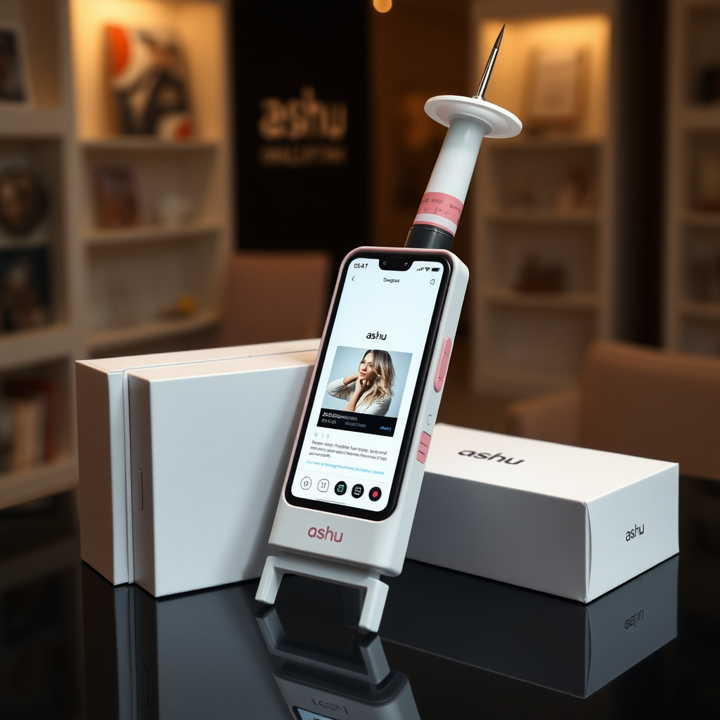 A close-up straight front view of a mobile phone in the shape inspired by a syringe, white pink futuristic, kept for sale leaning to a box with text Ashu and minimal design, in showroom, touchscreen phone with Instagram page open on screen, needle on top, whitepunk.