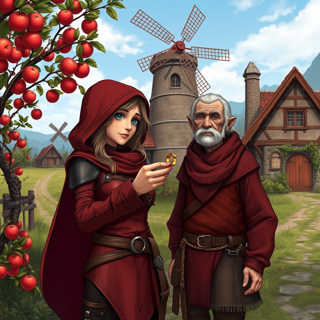 A wide distance shot of a pretty female adventurer in subtle red leather clothing with a hood, standing next to a thin, short, frail clean-shaven old farmer wearing rags and who looks ill. She is holding a gold ring towards him but he waves it away. Apple trees surround a pastoral fantasy house near a road to "Dunright". A fantasy village and mage tower with windmill in the distance. photorealistic cute anime style.