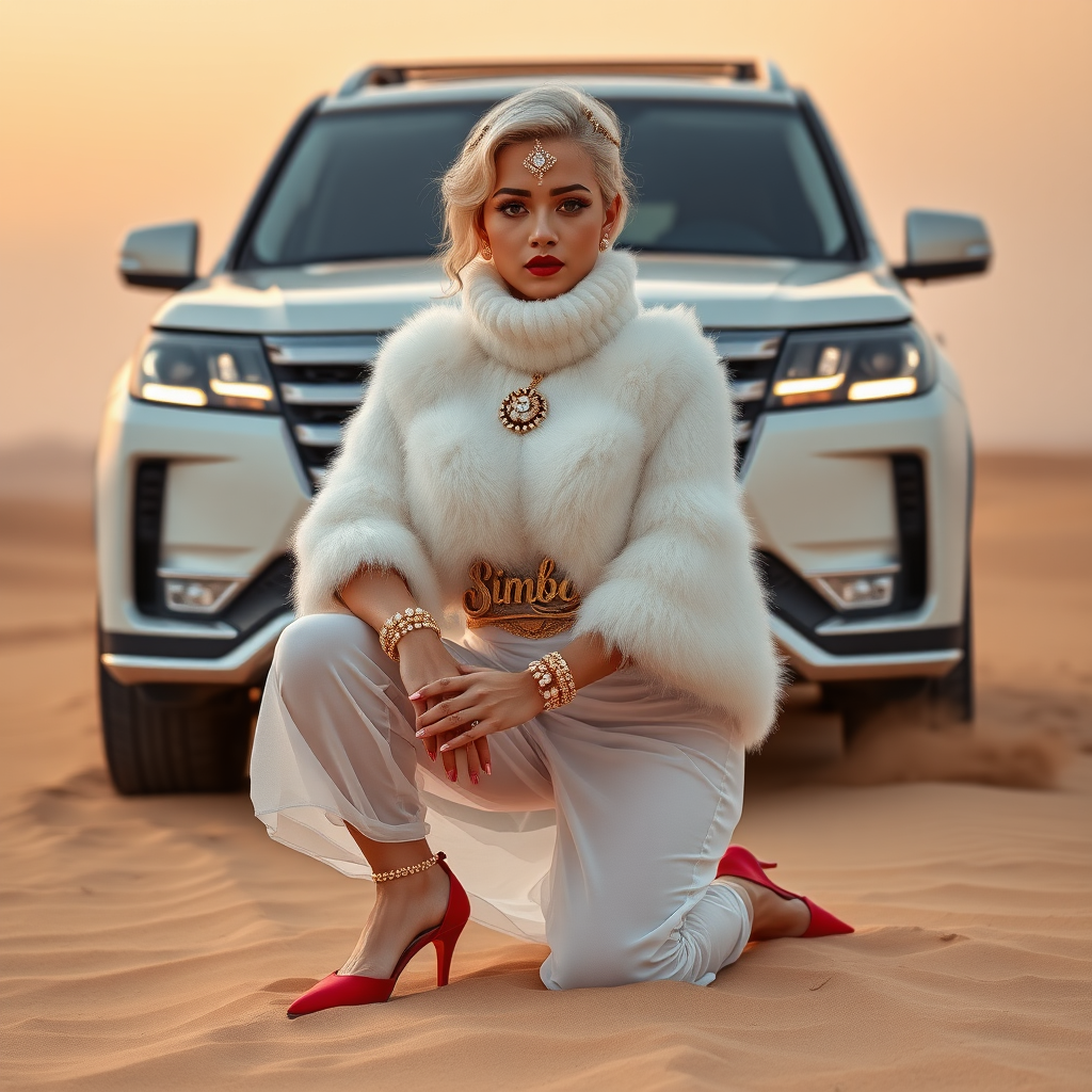 Kuwait desert dunes misty dawn, full size luxury SUV: Melissa, European 17 years old very convincing femboy “trophy-bimbo”, tamed servile docile, very beautiful feminine flawless face, rather short, by hormones very curvaceous womanly figured, platinum blond short tight curls, bold red lips, long white French nails, heavily made-up face, wearing Supertanya-style fluffy very fuzzy bright white angora turtleneck-poncho cropped ending under bust decorated with pearls and glass stones, striking oriental wide gold bridal protection belt, white fully transparent harem pants, bright red pumps with golden very high heels, full Oriental bridal jewelry including headpiece, nose-ring, coin wristlets, coin anklets, striking diamond “Bimbo” letter brooch on left chest, thick heavy pearl wristlets, pearl anklets, pout frustrated, kneeling in sand in front of SUV, looking at camera. Focus on face and turtleneck-poncho.